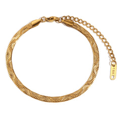 Stainless Steel Plated 18K Gold Wavy Embossed Fishbone Chain Bracelet