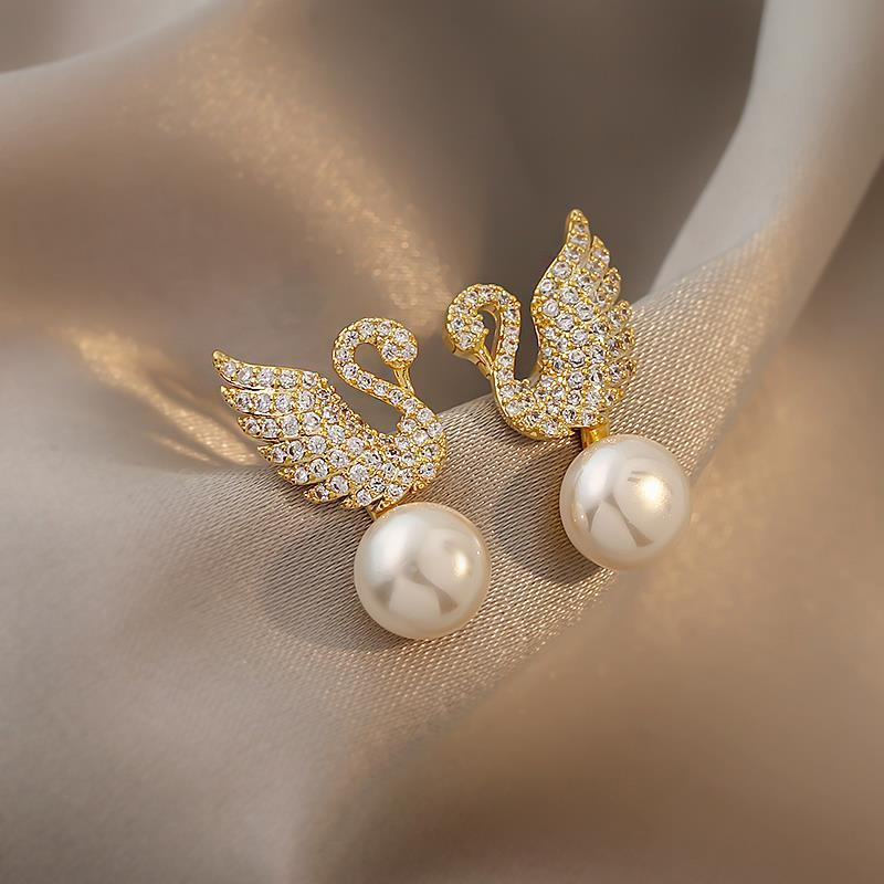 Sterling Silver Needle Korean Swan Zircon Pearl Stud Earrings - FASHIONKULTUR