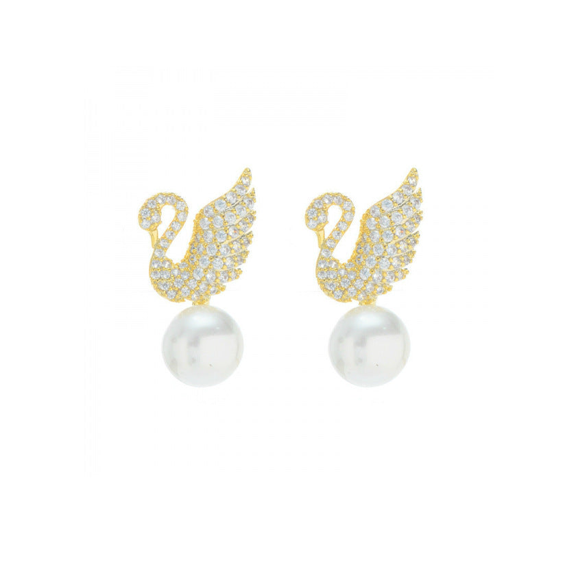 Sterling Silver Needle Korean Swan Zircon Pearl Stud Earrings - FASHIONKULTUR