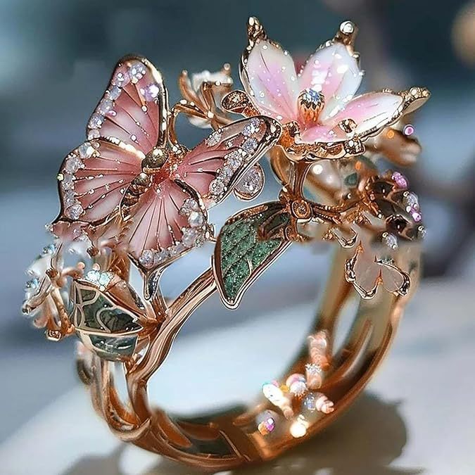 Adjustable Elegant Transparent Crystal 3D Shining Diamond Drop Oil Butterfly Flower Ring