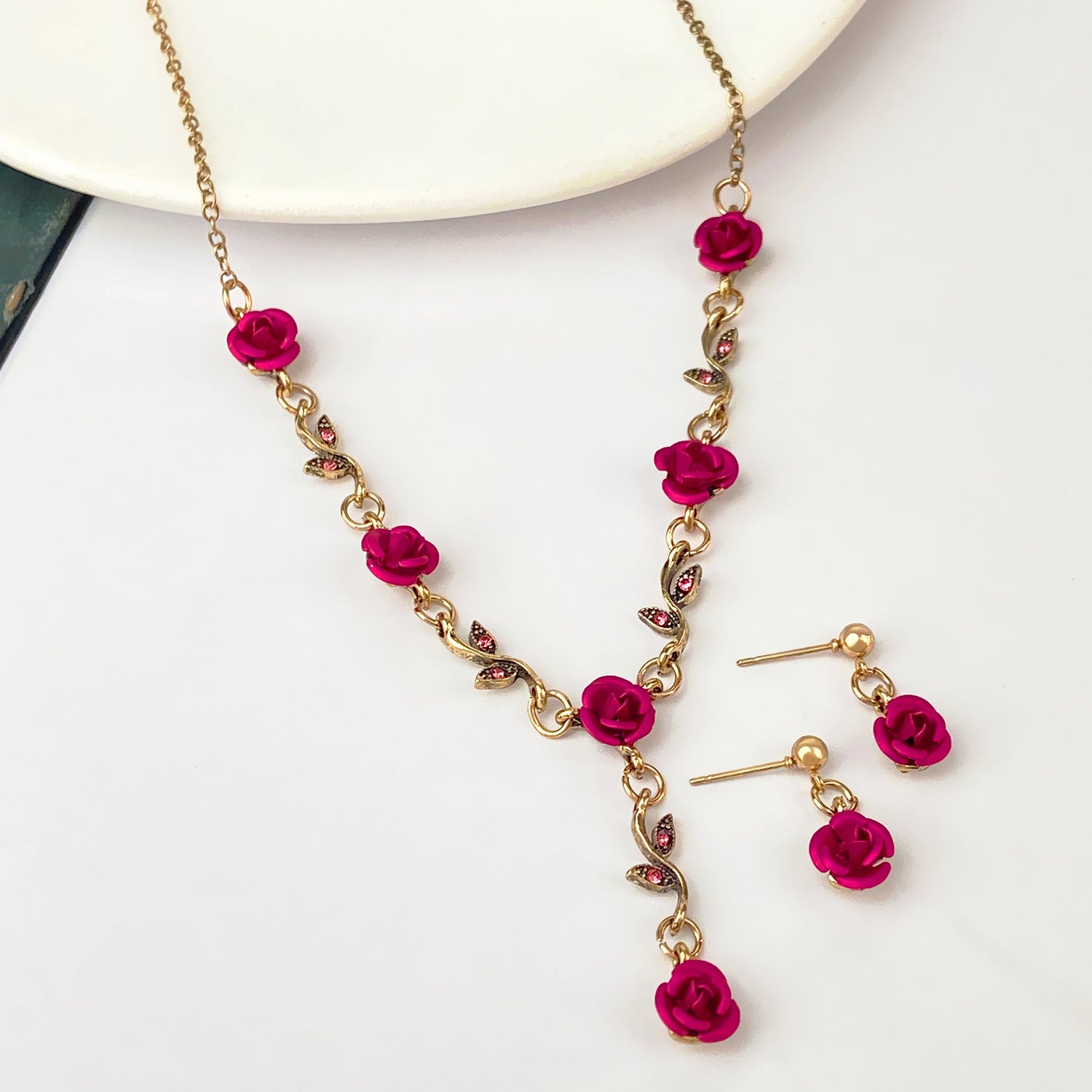 Vintage Rose Bracelet Necklace Three-piece Earrings Set - FASHIONKULTUR