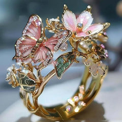 Adjustable Elegant Transparent Crystal 3D Shining Diamond Drop Oil Butterfly Flower Ring