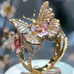 Adjustable Elegant Transparent Crystal 3D Shining Diamond Drop Oil Butterfly Flower Ring