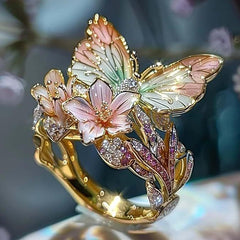 Adjustable Elegant Transparent Crystal 3D Shining Diamond Drop Oil Butterfly Flower Ring