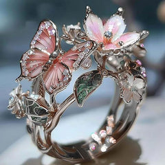 Adjustable Elegant Transparent Crystal 3D Shining Diamond Drop Oil Butterfly Flower Ring