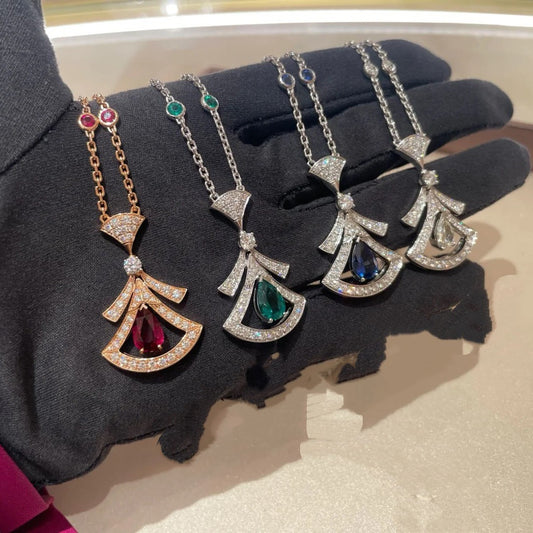 Fashionable All-match Pear-shaped Red And Blue Emerald Full Diamond Clavicle Chain - FASHIONKULTUR
