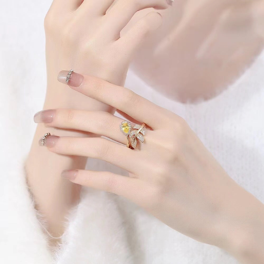 High-grade Zircon Ring Ins Fashion Shining Leaves Gang Drill - FASHIONKULTUR