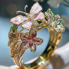 Adjustable Elegant Transparent Crystal 3D Shining Diamond Drop Oil Butterfly Flower Ring