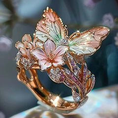 Adjustable Elegant Transparent Crystal 3D Shining Diamond Drop Oil Butterfly Flower Ring