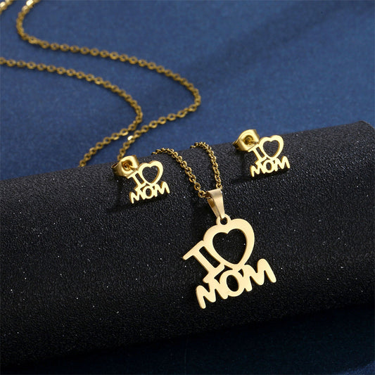 Jewelry Set Stainless Steel I Love Mom Mama Love Heart Pendant Necklace Earrings Thanksgiving Gift