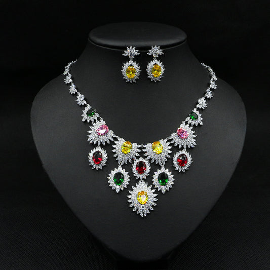 Jewelry Colorful Zircon Earrings Necklace Set Bridal Wedding Jewelry Accessories - FASHIONKULTUR