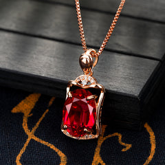 Rose Gold Square Rose Ruby Pendant Necklace - FASHIONKULTUR