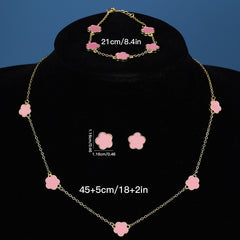 Lucky Five Petal Flower Ear Stud Necklace Bracelet Three-piece Set