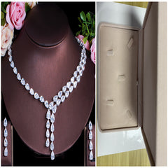 Two Tone Patchwork Teardrop Zircon Jewelry Necklace Earring Set Chain - FASHIONKULTUR