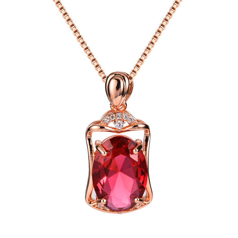 Rose Gold Square Rose Ruby Pendant Necklace - FASHIONKULTUR