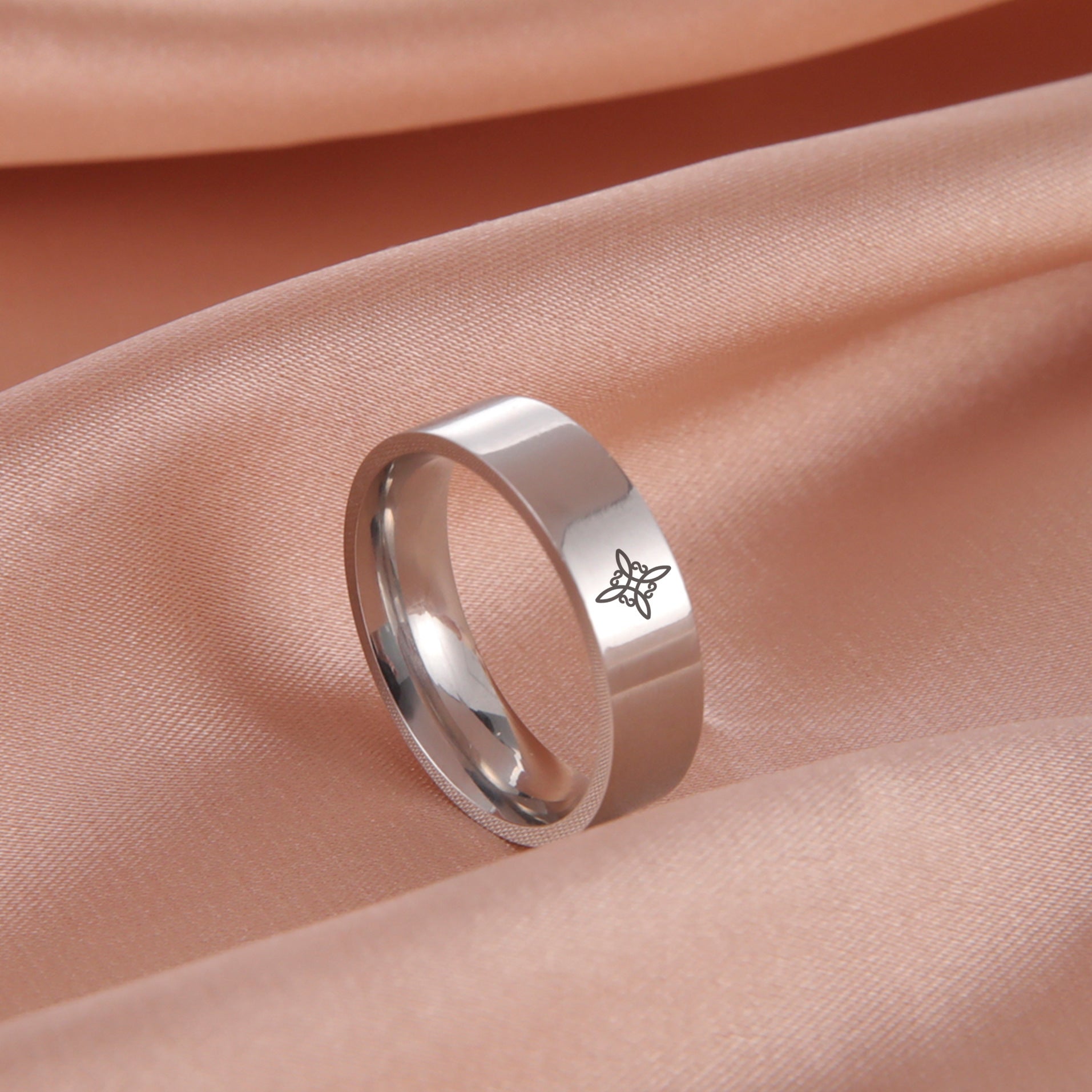 Personalized Simple Stroke Laser Marking Witch Knot S-shaped 2 Ring 8MM Wide Stainless Steel Ring - FASHIONKULTUR