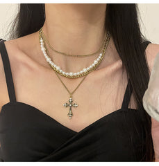 Fashion Personalized Multi-Layered Pearl Cross Pendant Necklace Clavicle Chain For Women Temperament Jewelry Accessories Gifts - FASHIONKULTUR