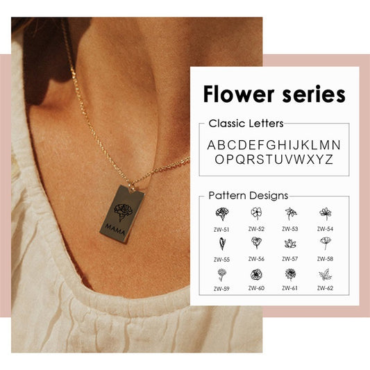 Square Stainless Steel Lettering Botanical Flower Name Necklace - FASHIONKULTUR
