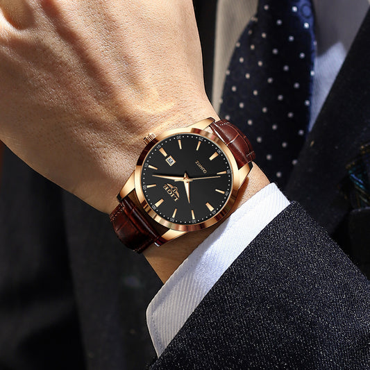 New Men's Quartz Watch Single Calendar Three Needle Leather Belt Waterproof - FASHIONKULTUR