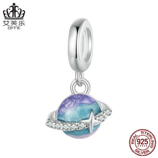 Blue Purple Planet Beaded S925 Sterling Silver White Gold Plated Scattered Beads Pendant Diy