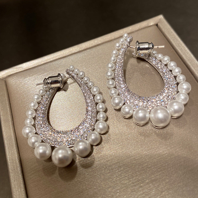 Full Diamond Row Of Pearl Drop Earrings Female Pearl Diamond Detachable Earrings - FASHIONKULTUR