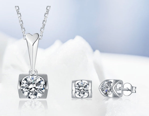 S925 Sterling Silver Inlaid Moissanite Stud Necklace Two Piece Set - FASHIONKULTUR