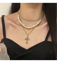 Fashion Personalized Multi-Layered Pearl Cross Pendant Necklace Clavicle Chain For Women Temperament Jewelry Accessories Gifts - FASHIONKULTUR