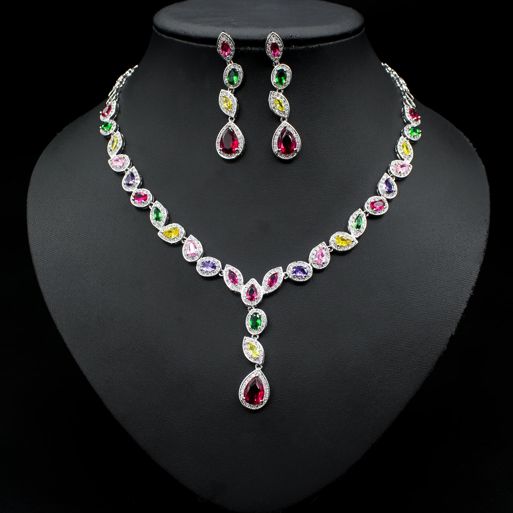 Colorful Zircon Necklace Earrings Clavicle Chain Female Noble Luxury Wedding Dress Three-piece Set - FASHIONKULTUR