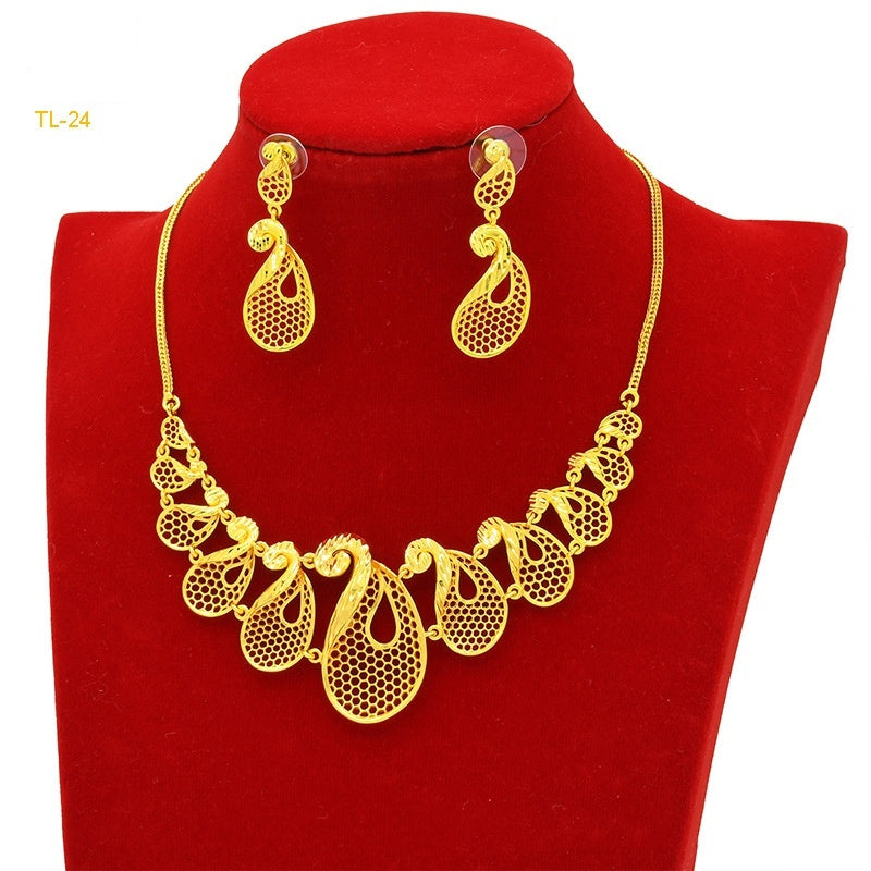 Gold Flower Necklace And Earrings Suite Brass Gold Plated Wedding Jewelry Batch - FASHIONKULTUR