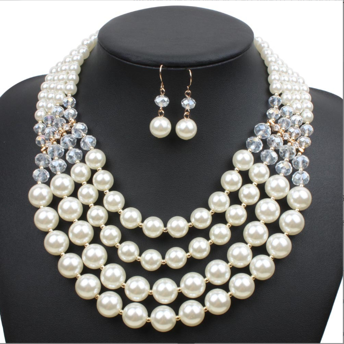 Europe necklace crystal pearl Long Necklace Earrings female bride jewelry set accessories - FASHIONKULTUR