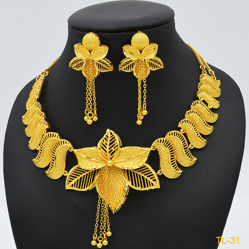 Gold Flower Necklace And Earrings Suite Brass Gold Plated Wedding Jewelry Batch - FASHIONKULTUR