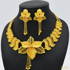 Gold Flower Necklace And Earrings Suite Brass Gold Plated Wedding Jewelry Batch - FASHIONKULTUR