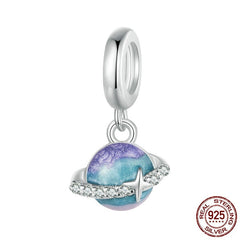 Blue Purple Planet Beaded S925 Sterling Silver White Gold Plated Scattered Beads Pendant Diy