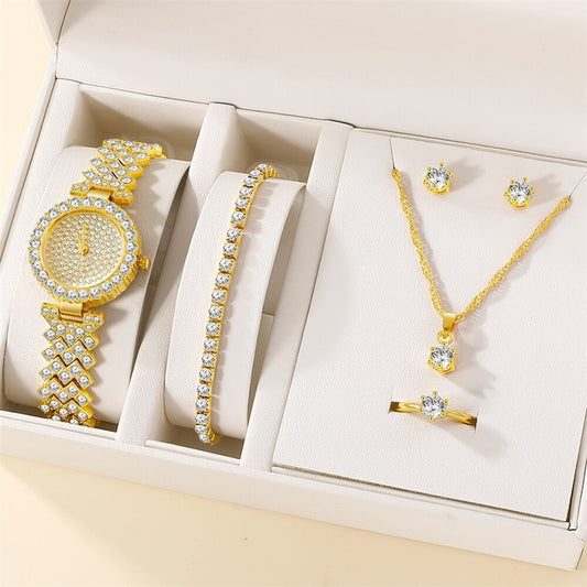 5pcsset Diamond Bracelet Necklace Stud Ring Watch Jewelry Set - FASHIONKULTUR