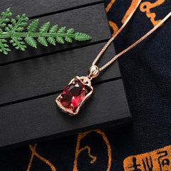 Rose Gold Square Rose Ruby Pendant Necklace - FASHIONKULTUR