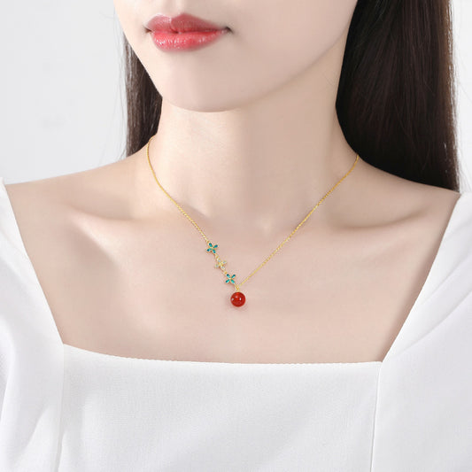 S925 Sterling Silver Vintage South Red Prosperity Necklace For Women