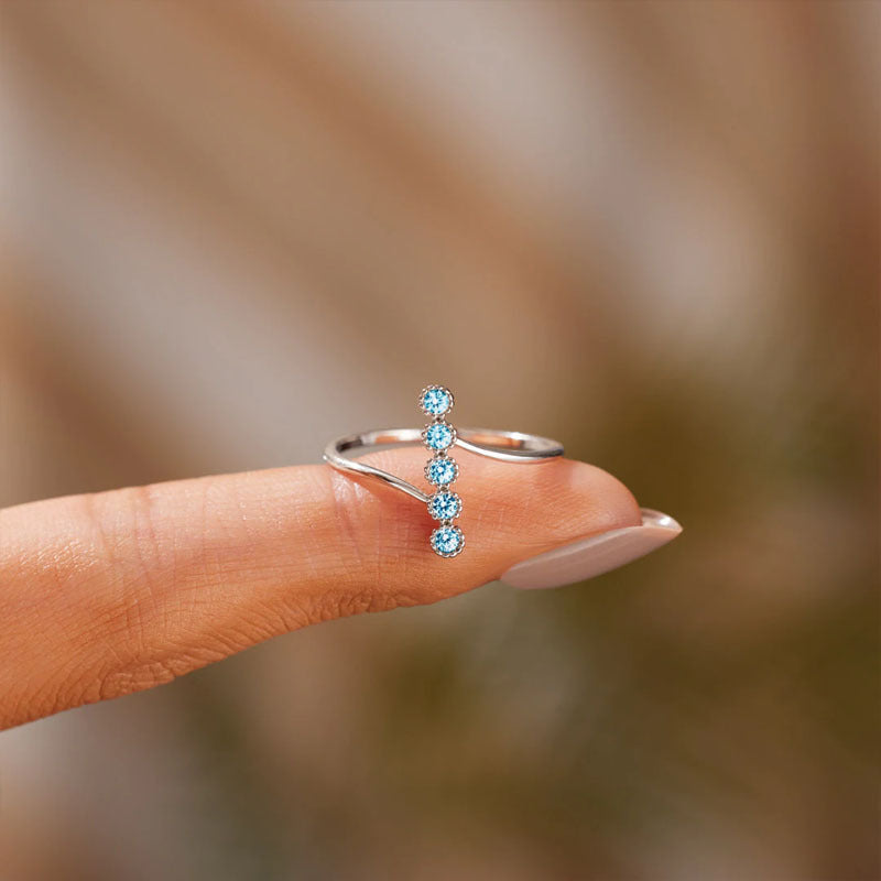 Silver Vertical Sea Blue Five Zircon Ring - FASHIONKULTUR