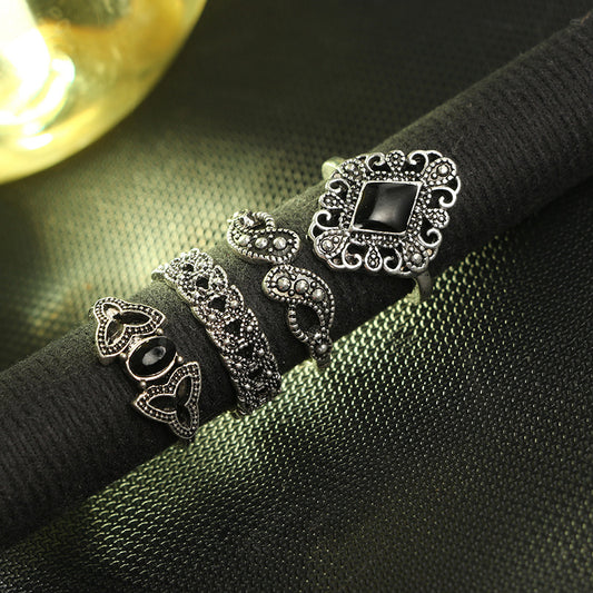 Personalized Hollow Lotus Sunflower Geometric Black Gemstone Set Ring - FASHIONKULTUR