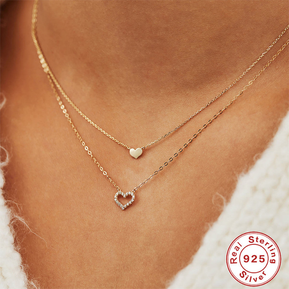 Sterling Silver Temperamental Twin Hollow Heart Shape With Diamond Double-layer Clavicle Necklace - FASHIONKULTUR