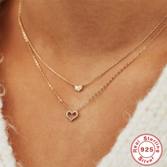 Sterling Silver Temperamental Twin Hollow Heart Shape With Diamond Double-layer Clavicle Necklace - FASHIONKULTUR