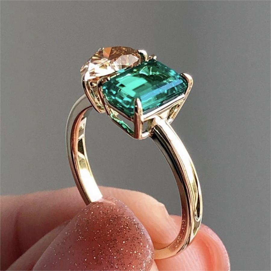 Fashion Jewelry Creative Double Main Stone Lady Green Yellow Zircon Square Stone Ring Female Luxury Crystal Engagement Ring Classic Gold Color Wedding Rings For Women Minimalist Bands - FASHIONKULTUR