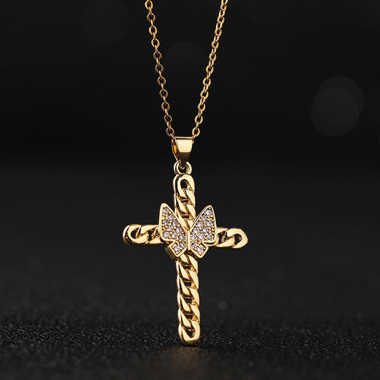 Gold Plated Titanium Steel Chain Golden Butterfly Cross Pendant Necklace