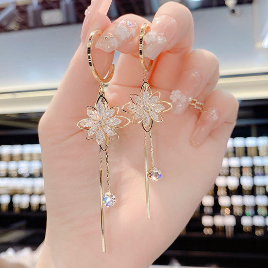Stylish Flower Earrings Women's Tassel Imitation Crystal - FASHIONKULTUR