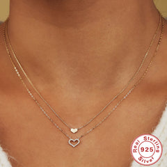 Sterling Silver Temperamental Twin Hollow Heart Shape With Diamond Double-layer Clavicle Necklace - FASHIONKULTUR