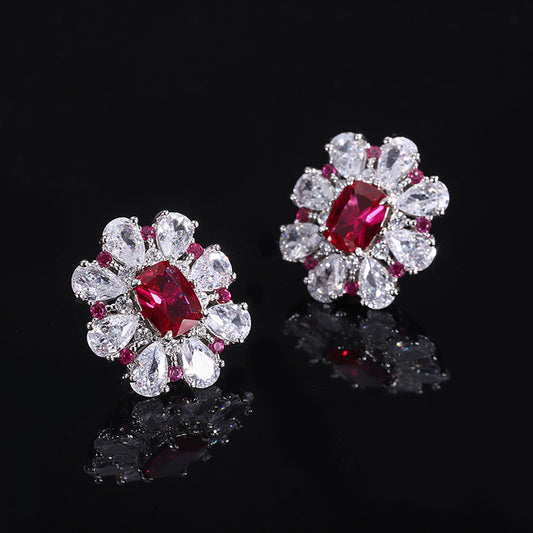 S925 Silver Jewelry Set Imitated Pigeon Blood Red Treasure Flower-shaped Ring Earring Pendant Three-piece Set - FASHIONKULTUR