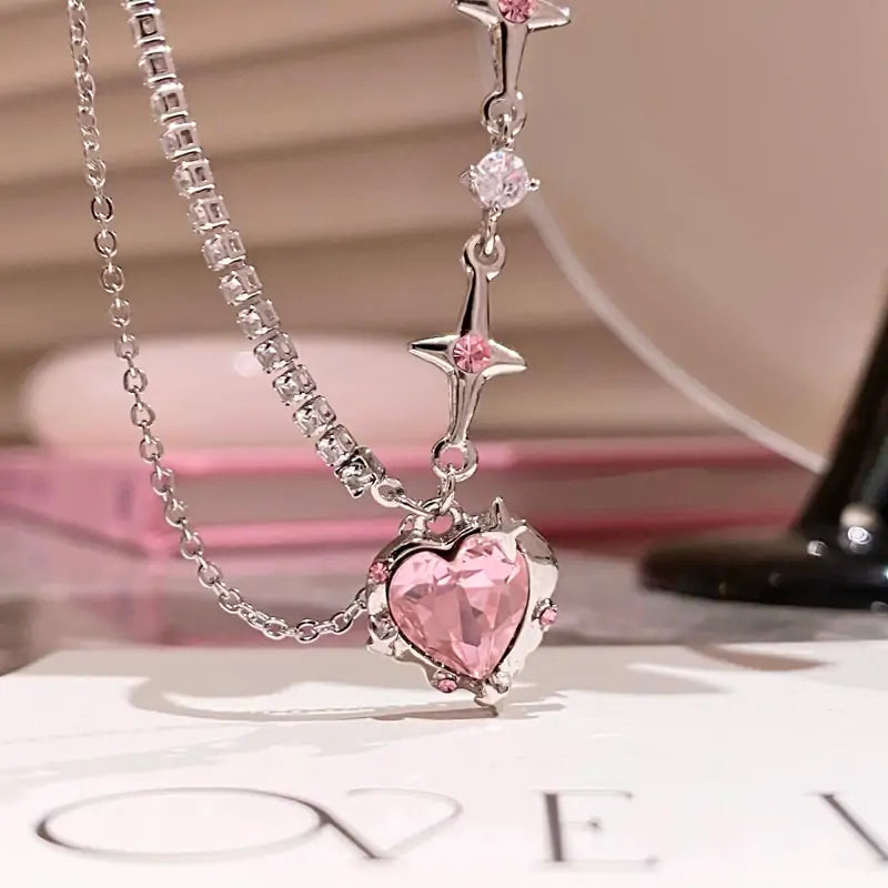 Sweet Pink Heart Crystal Necklace - FASHIONKULTUR