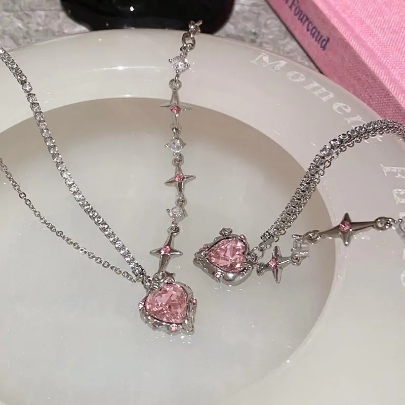 Sweet Pink Heart Crystal Necklace - FASHIONKULTUR